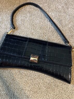 Aldo Black Croc-Embossed Clutch with Gold-Tone Closure